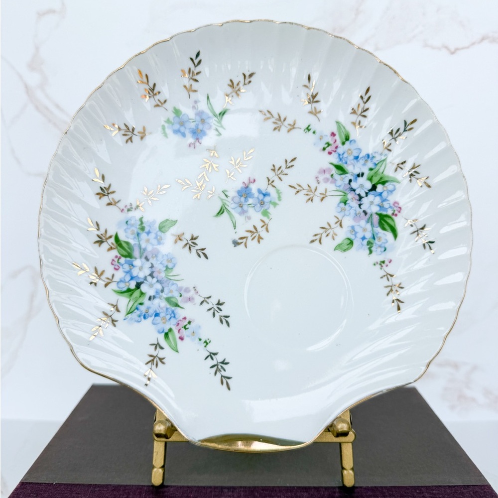 Vintage MCM Seashell Shaped Hand Painted Blue Floral Plate